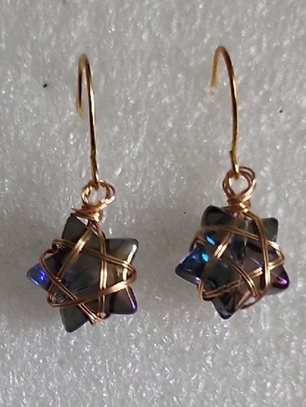 Hand Crafted Gold Wire-Wrapped Iridescent Star Earrings with Blue-Purple Sheen